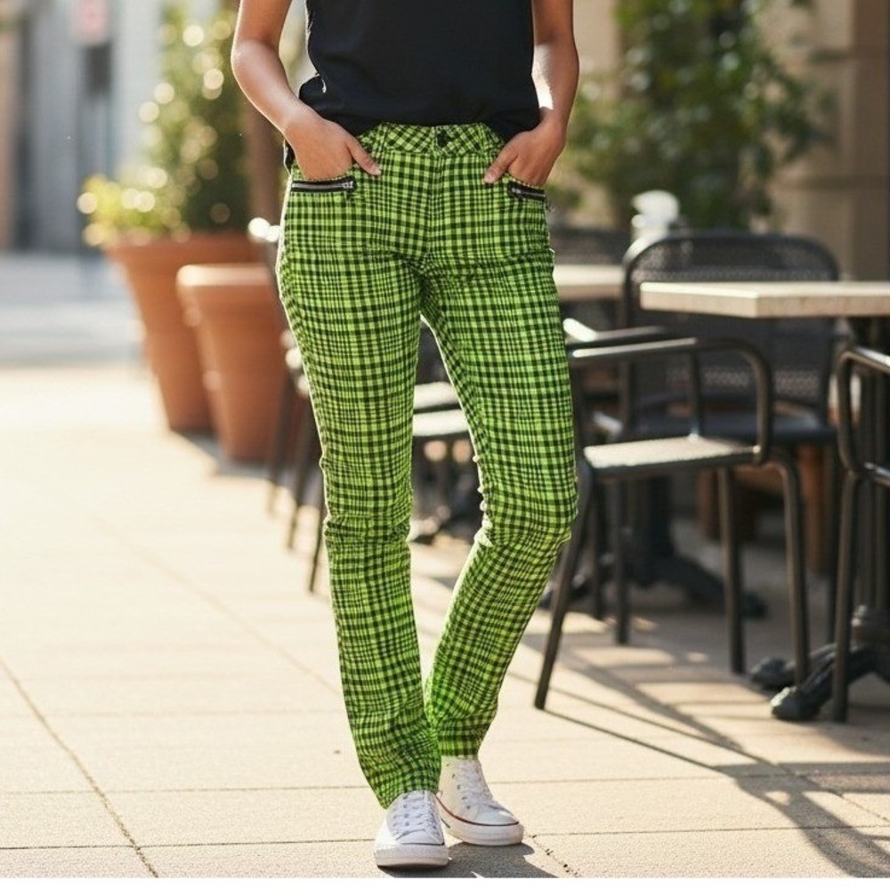 Tripp NYC Neon Green Black Plaid Skinny Jeans Skull Zipper NJ2560P Women 5